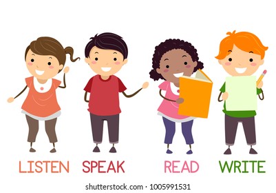 Illustration Of Stickman Kids Showing Four Basic Skills For English From Listening, Speaking, Reading And Writing