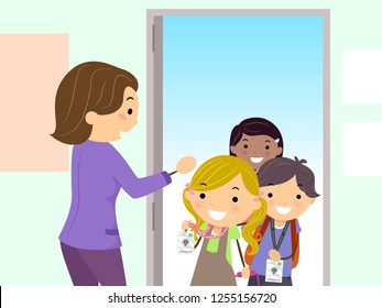 Illustration of Stickman Kids Showing their IDs Entering the School