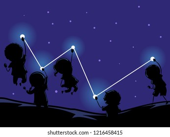 Illustration of Stickman Kids Silhouette Touching the Cassiopeia Constellation in the Sky