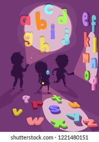 Illustration of Stickman Kids Silhouette Using Flashlight and Focusing on Alphabet