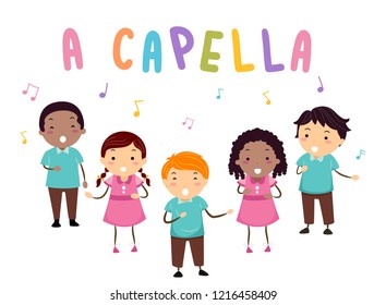 Illustration Of Stickman Kids Singing With A Capella Lettering And Musical Notes