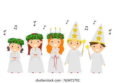 Illustration of Stickman Kids Singing Carols During the Feast Day of Saint Lucy