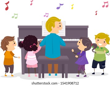 Illustration Stickman Kids Singing Listening Their Stock Vector ...