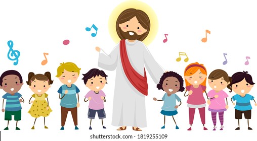 Illustration of Stickman Kids Singing a Song with Jesus Christ