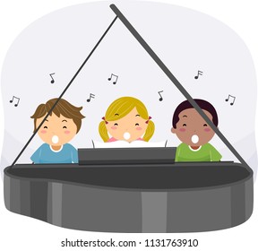 Illustration of Stickman Kids Singing while Playing the Piano