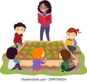 Illustration of Stickman Kids Sitting Around a Cabbage Plot in the Garden Listening to their Teacher