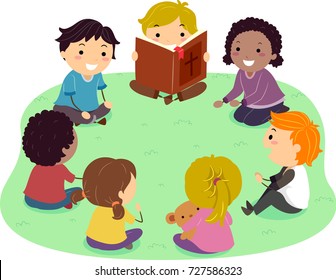 Illustration of Stickman Kids Sitting in Circle Outdoors Reading a Bible