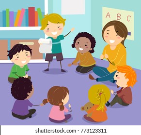 Illustration Of Stickman Kids Sitting In A Circle Reading A Poem In Class