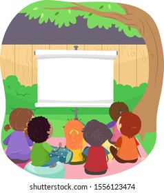 Illustration of Stickman Kids Sitting Down and Watching Blank Projector Screen Outdoors in the Garden at Night