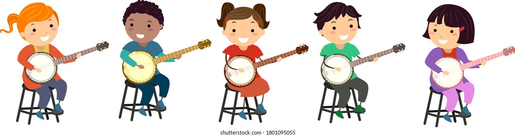 Illustration of Stickman Kids Sitting Down in Class, Learning and Playing Banjo