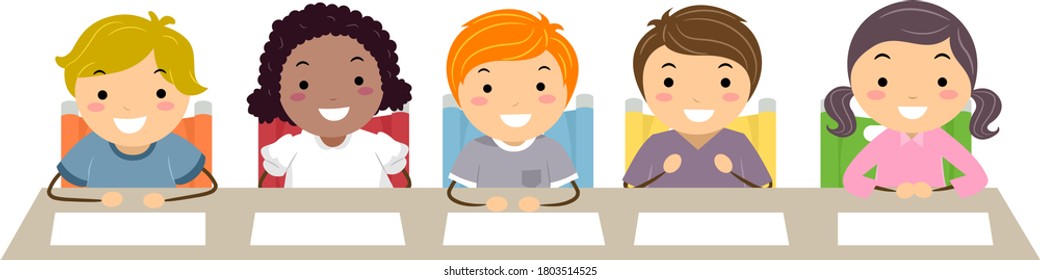 Illustration of Stickman Kids Sitting Down as Judges with Blank Paper On Table