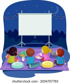 Illustration Of Stickman Kids Sitting Down Outdoors For Movie Night