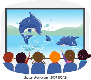 Illustration of Stickman Kids Sitting Down and Watching Dolphins on Television