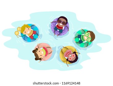 Illustration of Stickman Kids Sitting on Flotation Rings on Swimming Pool