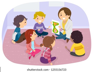 Illustration of Stickman Kids Sitting on the Floor in Circle Looking at the Doctor for Group Counseling