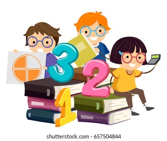 Illustration of Stickman Kids Sitting on Math Books Holding Pie Chart and Calculator