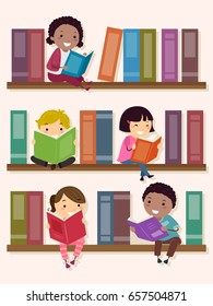 Illustration of Stickman Kids Sitting and Reading in the School Library