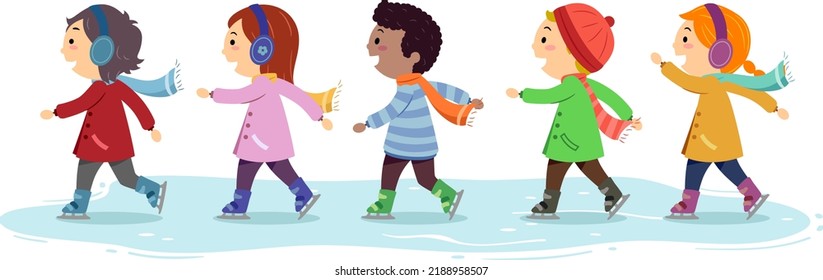 Ilustración de niños deportistas patinando en una línea con chaquetas de invierno y palas yendo a la izquierda