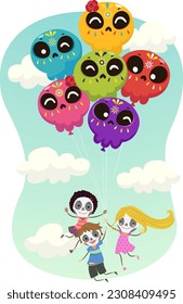 Illustration of Stickman Kids with Skull Face Paint Holding Floating Sugar Skull Balloons in the Sky
