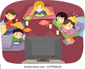 Illustration of Stickman Kids Sleeping Over and Watching a Movie on Television