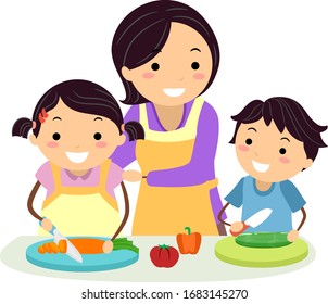 Illustration of Stickman Kids Slicing a Carrot and a Cucumber with Mother Assisting Kids