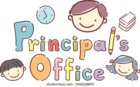 Illustration of Stickman Kids Smiling with Principals Office Lettering