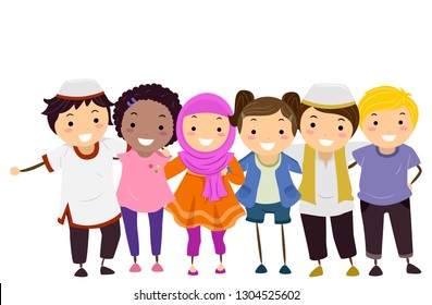 Illustration of Stickman Kids with Some Kids Wearing Hijab and Taqiyah