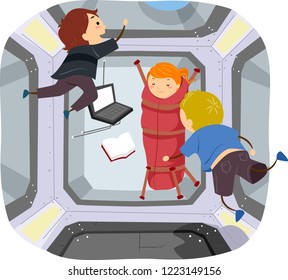 Illustration of Stickman Kids in the Space Station Getting Ready to Sleep