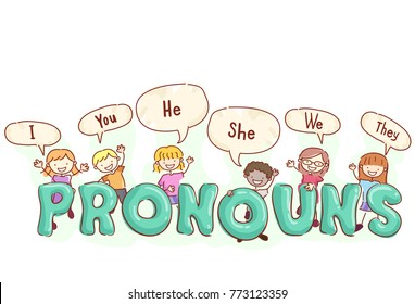 Illustration of Stickman Kids Speaking Pronouns in Speech Bubbles