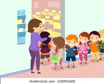 Illustration of Stickman Kids Standing In Line Before Entering their Classroom with Teacher Beside the Door