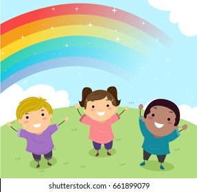 Illustration of Stickman Kids Standing Outdoors with Hands Up Looking at a Rainbow