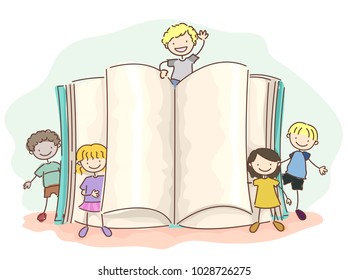 Illustration of Stickman Kids Standing Together with an Open Book