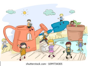Illustration of Stickman Kids Students Among Big Gardening Tools like Watering Can, Shovel and Pot of Plant
