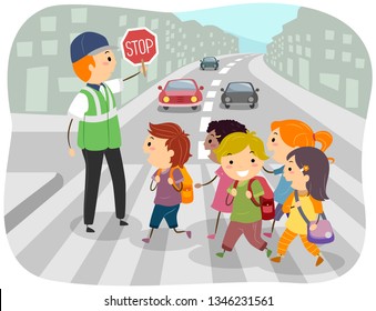 Illustration Of Stickman Kids Students Crossing The Street With Help From Crossing Guard Holding Stop Sign