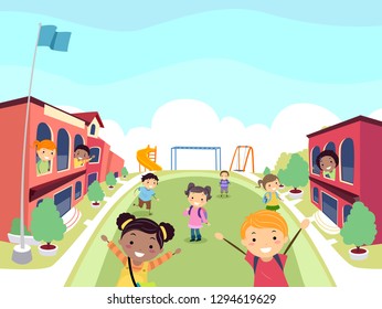 Illustration of Stickman Kids Students Having Fun in the School Campus