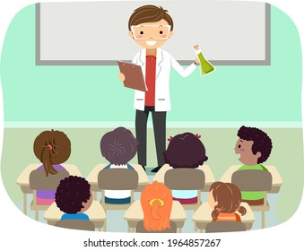 Illustration Of Stickman Kids Students Listening To Man Scientist Talking About Experiments During Career Day