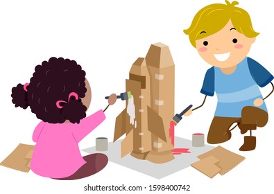 Illustration Of Stickman Kids Students Making Space Ship Model Using Cardboard