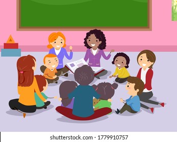 Illustration of Stickman Kids Students with Parents in Class Storytelling