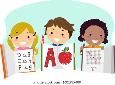 Illustration of Stickman Kids Students Showing their Answers in their Workbooks