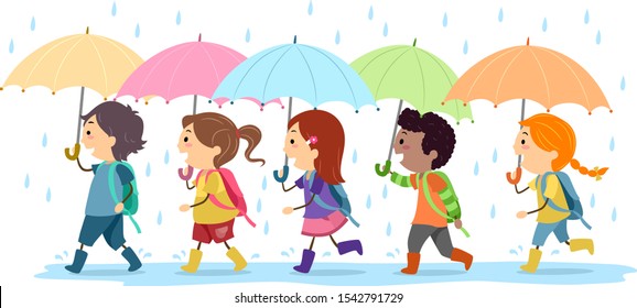 Illustration Of Stickman Kids Students Walking To School With Umbrella Under The Rain