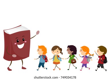 Illustration of Stickman Kids Students Walking Towards a Book Mascot