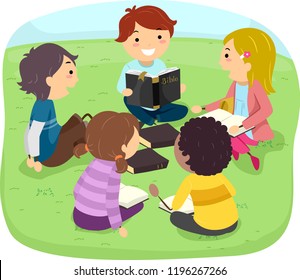 Illustration Of Stickman Kids Studying The Bible Outdoors