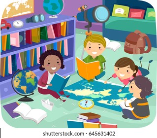 Illustration von Stickman-Kindern, die Geografie auf dem Boden in der Bibliothek studieren