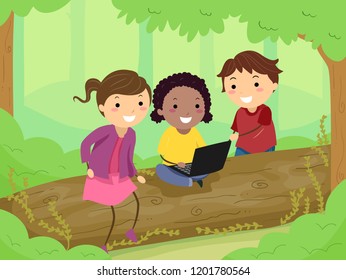 Illustration of Stickman Kids Studying with a Laptop and Sitting on a Big Fallen Tree Outdoors