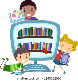 Illustration Of Stickman Kids With Tablet Computers And A Computer Full Of Digital Books