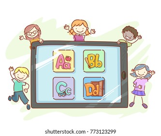 Illustration of Stickman Kids with a Tablet Showing an Alphabet App