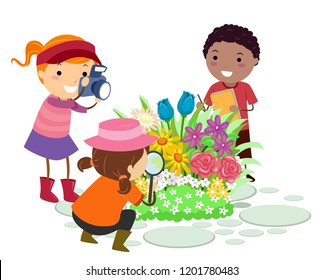 Illustration of Stickman Kids Taking Photo and Notes and Using a Magnifying Glass and Looking at Flowers in the Garden