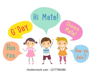 Illustration of Stickman Kids Talking, Waving with Speech Bubbles with Greetings in Australia