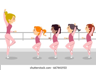 Illustration of Stickman Kids and Teacher with an Arm Curved above Head Preparing for a Ballet Pose