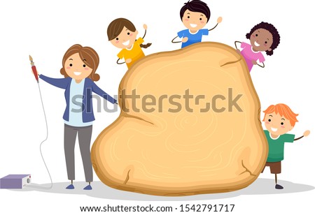 Illustration of Stickman Kids with Teacher and Blank Pyrography Wooden Board